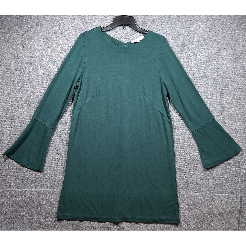 Loft Womens Green Bell Sleeve Shift Dress Size 14 Crew Neck Knit Mini Dress